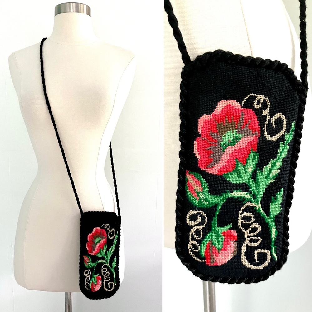 Vintage 70’s black & red embroidered cross stitch flower crossbody purse bag